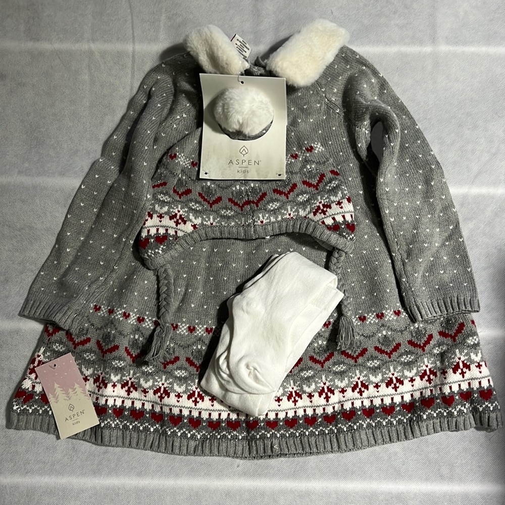 Aspen kids toddler girls faux fur collar sweater dress w tights and hat size 3T